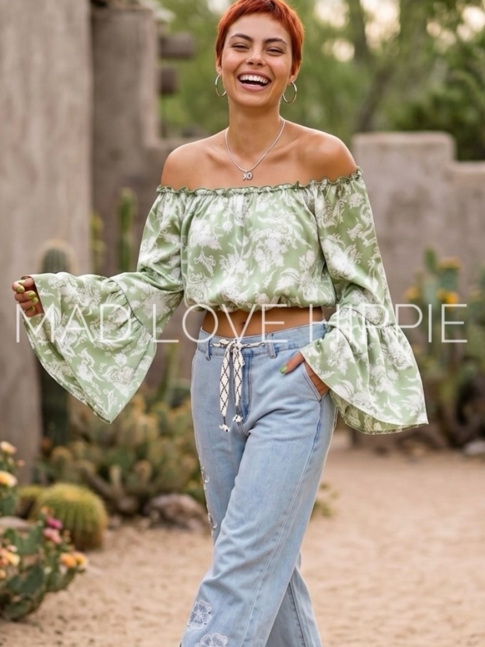 Peach Love Sage Green Floral Crop Top | Satin Off Shoulder Bubble Bell Sleeve - Picture 2 of 7
